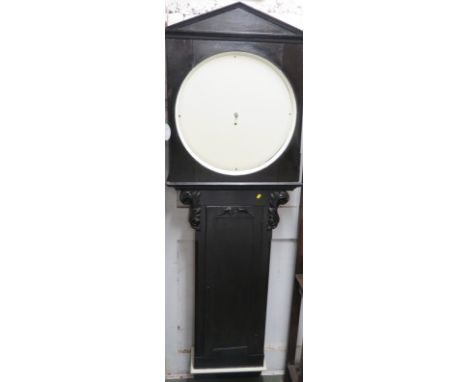 A partially restored station clock with pine case painted black, movement, blank replacement dial (diameter 58.5cm), no hand,