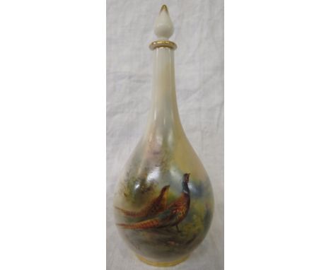 Royal Worcester porcelain stoppered bottle vase, painted with male and female pheasant in landscape signed Jas Stinton, green