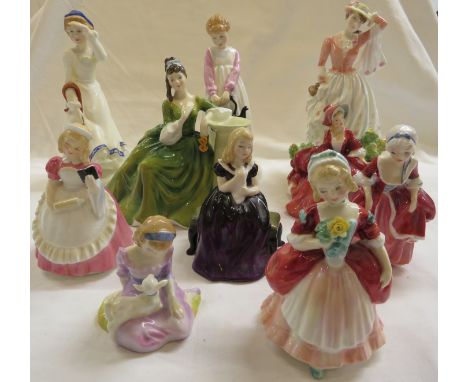 Nine Royal Doulton figurines - 'Little Bo-Peep' HN3030, 'Polly, put the kettle on' HN3021, 'Cookie' HN2218, 'Mary had a littl