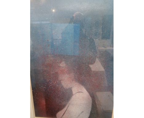 Portrait of woman in profile stood before a blue window, gouache and flicked paint, signed indistinctly and dated lower left,