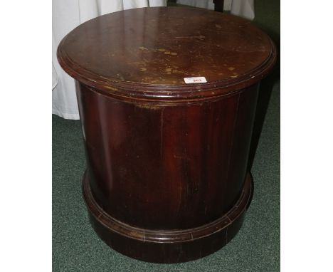 A Victorian mahogany drum-shaped commode stool with hinged lid seat and ceramic bowl, height 48cm, diameter 48cm