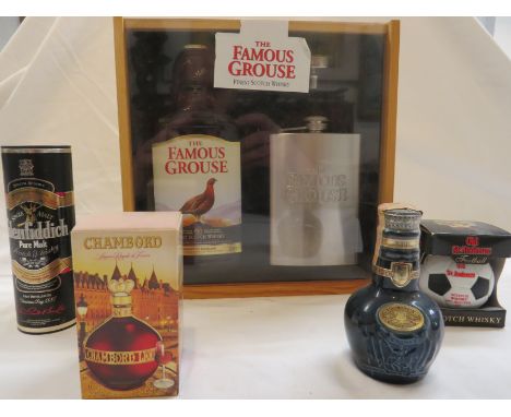 The Famous Grouse finest Scotch whisky boxed presentation set of 35cl bottle and hip flask, together with four miniatures - G