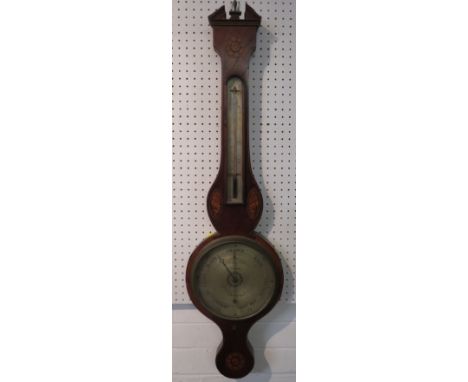 A banjo barometer with silvered dial signed B. Besorrio & Co Taunton Warranted, the thermometer graduated in Fahrenheit and b