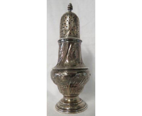 Georgian silver sugar caster, the dome with cross hatching and twisted finial, the body of baluster form with reeding and rep