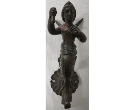 Bronzed electric wall light fitting modelled as an angel with torch, height 21.5cm