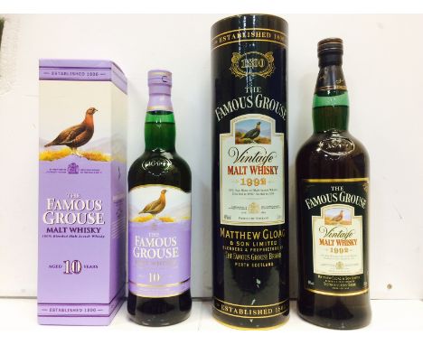FAMOUS GROUSE VINTAGE 1992 
Blended Malt Whisky
Bottled 2003. 1 litre, 40% volume, in tube.
FAMOUS GROUSE AGED 10 YEARS
Blend
