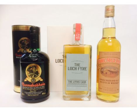 BUNNAHABHAIN AGED 12 YEARS
Active. Port Askaig, Islay. 
70cl, 40% volume, in tube. 
LOCH FYNE THE LIVING CASK
Blended Malt Sc