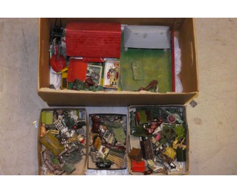 Hollow Cast lead figures, animals and accessories by Britains, Hilco, Crescent, etc, Amersham Toys wooden farm with cow shed 