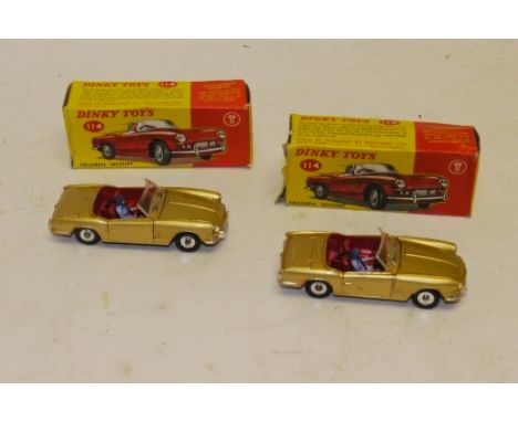 Dinky Toys, Two boxed Dinky Toys 114 Triumph Spitfires, both in gold livery, one with black base plate the other silver, F-G,