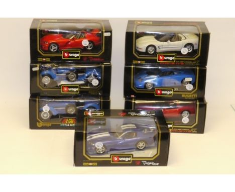 Burago 1:18 Bugatti, Dodge and Chevrolet Models, A boxed group of seven, comprising, Bugatti 3005, Type 59 1934 (2) and 3035 