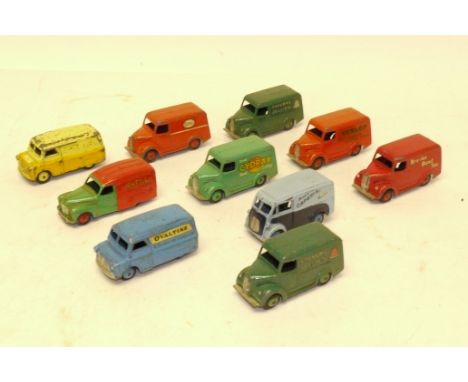 Post war Playworn Dinky Commercial Vehicles, A group of vans with advertising comprising, 470 Austin (Shell), Morris 10 CWT (