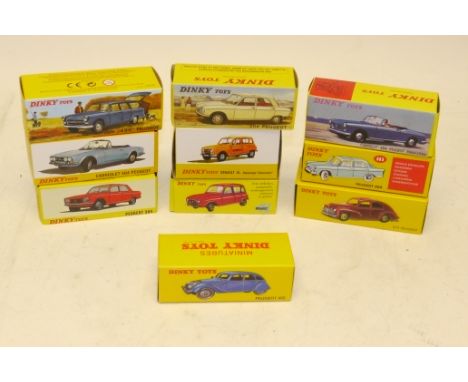 Atlas Editions Dinky, A boxed group of ten models including vintage private vehicles by Peugeot and Renault, (553, 528, 1423,