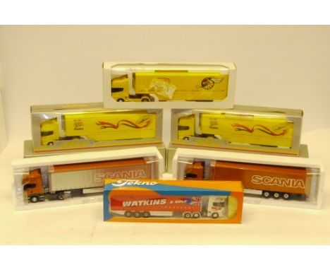 Tekno Minichamps and Elicor  A group of boxed articulated trucks, comprising a 1:50 scale Tekno No 97 Scania Watkins and Sole