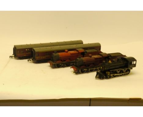 Lima and Rivarossi O Gauge 2-rail Trains, comprising two Lima LMS 4F locomotives with tenders and two LMS coaches all in red/