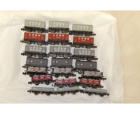 Unboxed N Gauge 4-wheeled Freight Stock by Bachmann and Dapol, comprising 3 LNWR, 3LSWR, 3 NE and 3 Elterwater Gunpowder vans