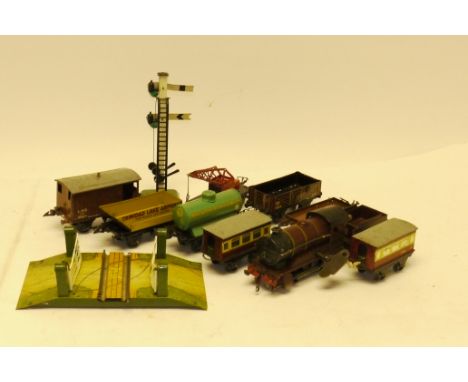 Hornby O Gauge Clockwork Trains, of 1950's vintage, comprising type 501 locomotive and tender no 5600 in LMS crimson with key