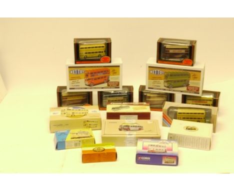 Bus Coach and Tram Models, A boxed collection of vintage buses and coaches, including Corgi Mettoy limited edition clockwork 