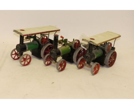 Three Mamod Live Steam TE1a Traction Engines,  two with spirit burners, and one with solid fuel tray, (interchangeable), one 