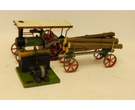 A Mamod Live Steam TE1a Traction Engine Log Trailer and SEL Stationary Engine,  the TE1a with spirit burner, F-G, lacks drive