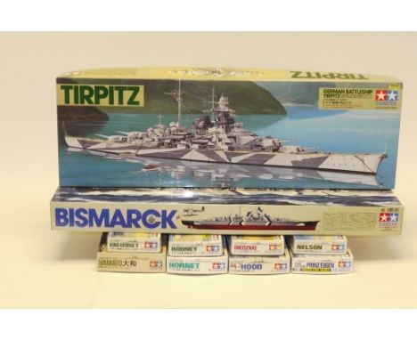 Tamiya Naval Model Kits, A  boxed collection of WWII vessels, including, 1:350 scale 78001 Bismarck and 78003 Tirpitz, togeth