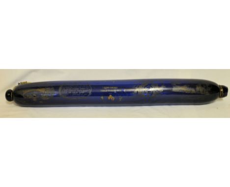 An unusually large 19th Century blue glass Rolling Pin Love Token, inscribed 'Think on Me When Far at Sea' and with a picture