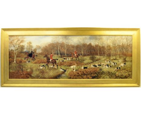 SYLVESTER MARTIN (act. 1856-1906); "Frogmore Wood, Reynard not at Home", Oil on Canvas of a hunting scene with mounted riders