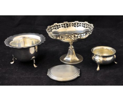 A silver pedestal Sweetmeat Dish with pierced border, Birmingham 1921; a silver circular Sugar Bowl, an engine turned silver 