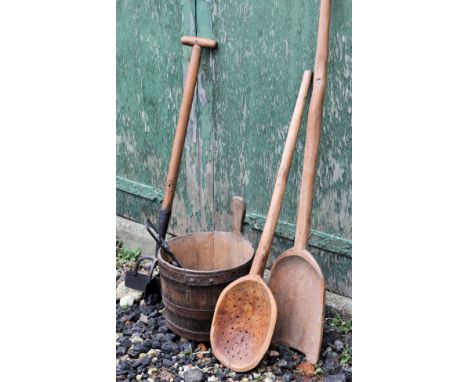 A number of Vintage Agricultural Implements including maltsters shovel, root cutter, bucket etc. 