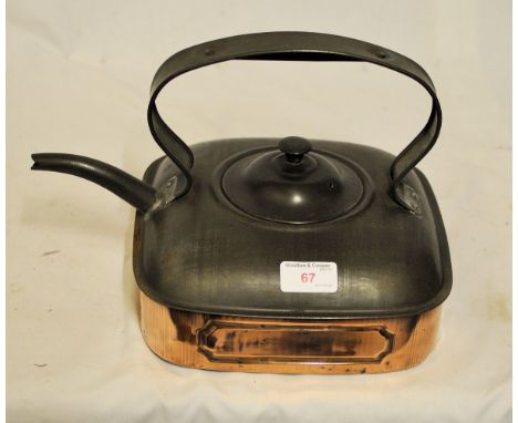 An old copper square Kettle with tinned upper section and loop handle. 