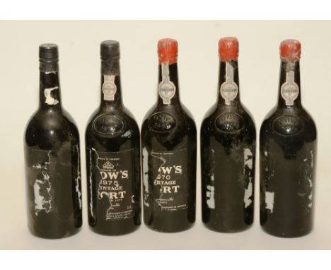 Three bottles of Dows 1970 Vintage Port, two bottles have label torn and missing, together with Dows Vintage 1975 Port, damag