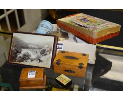 A Mauchline collectors box, together with a coin box, two vintage hand embroidered greeting cards, vintage glass and gilt met