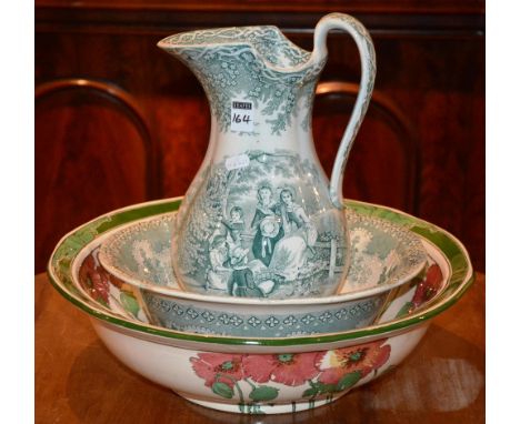 An Art Nouveau Royal Doulton pottery wash basin, decorated with glazed green and red stylized flowerheads, on white ground, 4