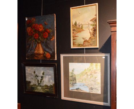 R Ogilvie
'Red Flowers in Copper Jug'
Oil on canvas, 57 x 47cm, including three other pictures (4)
