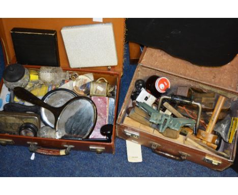 A quantity of tools, in two vintage cases, together with dressing table items and toilet jars (a lot)