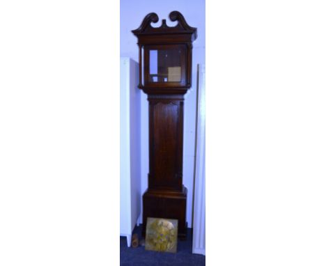 A late George III oak longcase clock by E Sagar Skipton, the swan neck pediment terminating in rosettes over dentil frieze, s