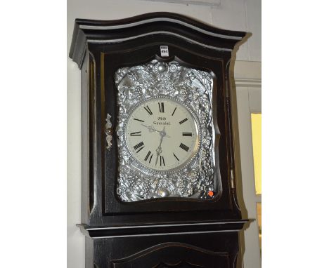 A Victorian style modern ebonised longcase clock, with silvered dial decorated with fruit in foliage above glazed trunk door,