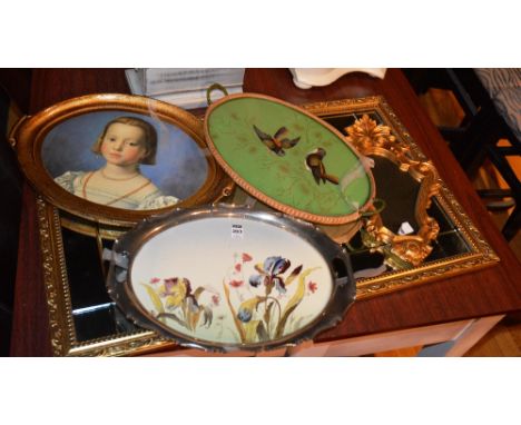 A plated serving tray with ceramic inserts in the style of Moorcroft, with richly coloured flowers on white background, 34cm 