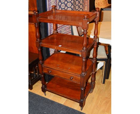 A Victorian mahogany whatnot, with four tiers and single drawer, raised on turned column supports, 116cm high x 60.5cm wide x
