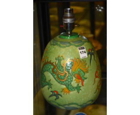 A Charlotte Rheid 'Manchi' pattern table lamp, decorated with dragons in foliage on a green ground, 30cm high