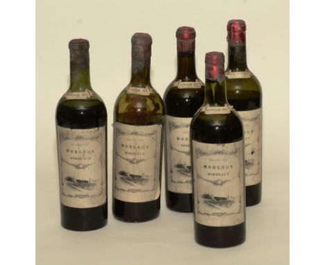 Five Bottles of Margaux Grand Vin Bordeau, (Vintage 1921), all levels at mid to top of shoulder, bashes and age pitting to li