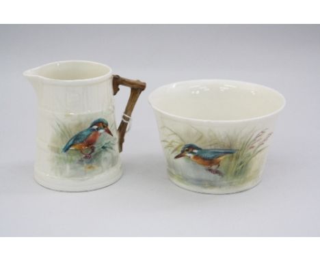 A MATCHING ROYAL WORCESTER BARREL MOULDED JUG AND BOWL, hand painted with Kingfisher in reeds, signed W Powell, green marks t