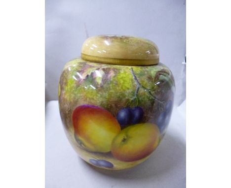 A ROYAL WORCESTER HAND PAINTED FRUIT DECORATED GINGER JAR AND COVER, with apples, pears, blackberries and grapes, signed H. A
