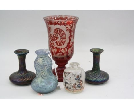 A GROUP OF GLASSWARES, to include small Loetz lustre vase, height approximately 11cm, Bohemian overlaid  ruby footed vase, he