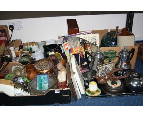 THREE BOXES AND LOOSE CERAMICS, GLASS, SUNDRY ITEMS, etc, to include barometer, Majolica match striker, wooden novelty nutcra