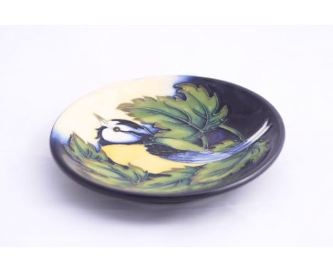 A MOORCROFT POTTERY TRINKET DISH, Inglewood pattern with Blue Tit and Leaves, impressed and painted marks 'Trial 9-12-04', di