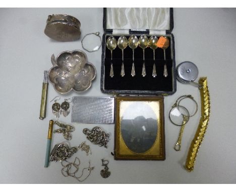 A BOX OF MISCELLANEOUS ITEMS, to include spoons, belt buckle, trinket box, jewellery, etc