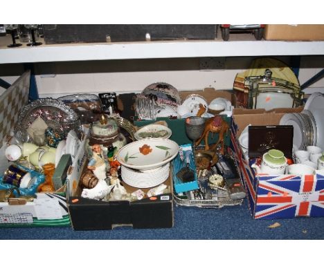SIX BOXES AND LOOSE CERAMICS, METALWARES, GLASSWARES, ONYX CHESS PIECES, etc, to include Poole bowl, Coalport commemorative g