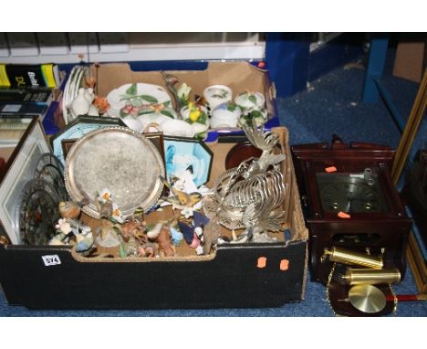 TWO BOXES AND LOOSE ORNAMENTS, to include wall clock (key), mirror, novelty tablewares etc