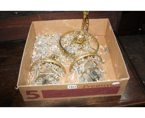 A CENTRE LIGHT, with cut glass droppers and a pair of similar wall lights (3)