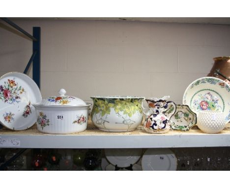 NINE PIECES OF CERAMICS, to include Royal Doulton 'Daffodil' chamber pot, Masons, Belleek, Royal Worcester tureen and dish et